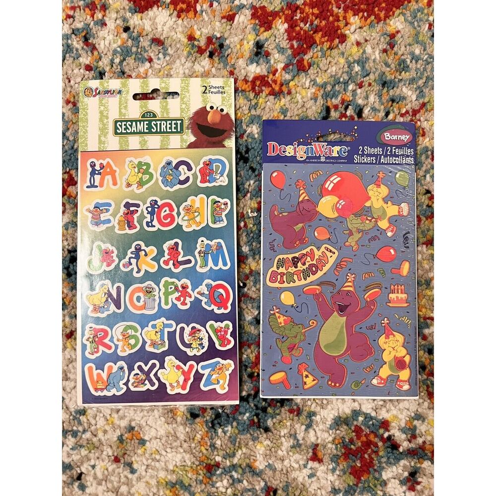 Pair of VTG STICKERS Barney DesignWare Sesame Street SandyLion NEW Sealed